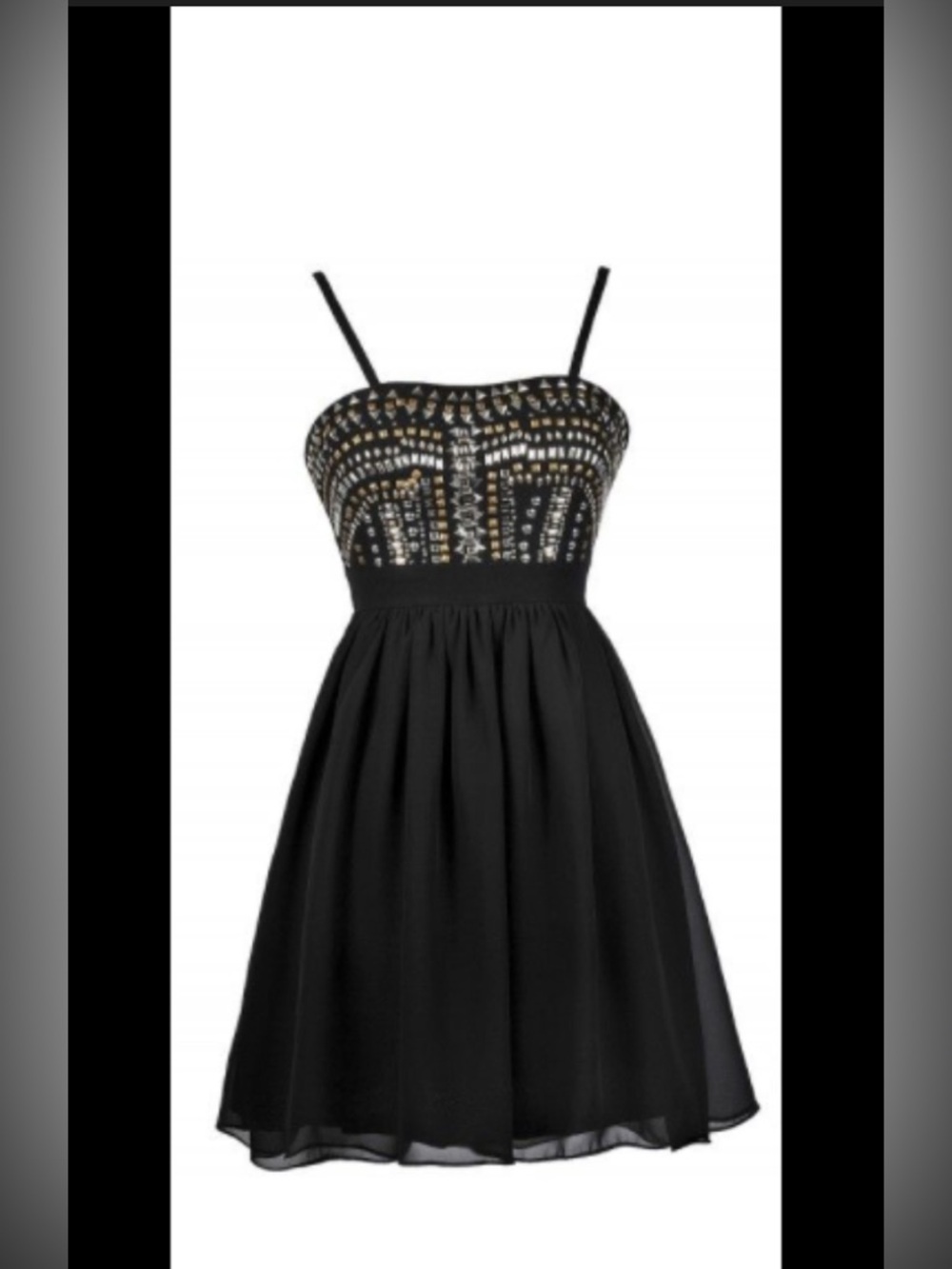 Women’s-black spaghetti strap dress 
Studded, metallic embellished bodice